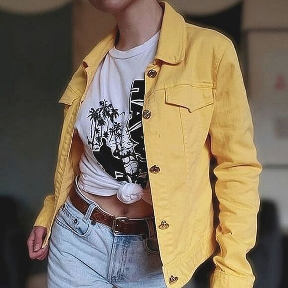 Vtg lemon yellow denim button up jacket - Picture 1 of 12